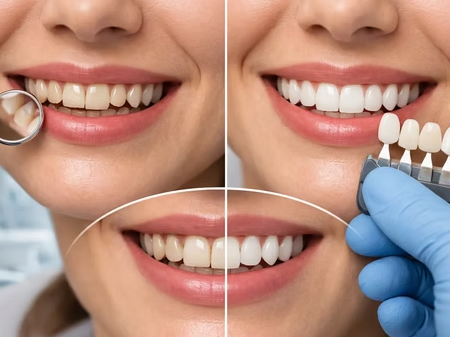 Fotografía de primer plano dividida que contrasta el estado inicial de la sonrisa con dientes naturales y sutiles decoloraciones frente al resultado final tras la colocación de carillas dentales brillantes y perfectamente alineadas, junto con una guía de tonos.