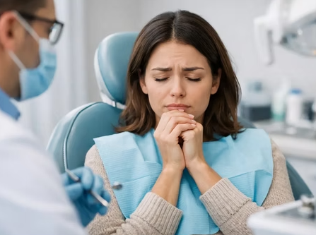 Paciente con expresión de preocupación o ansiedad en el sillón dental, conversando con su dentista en un entorno clínico comprensivo y profesional.