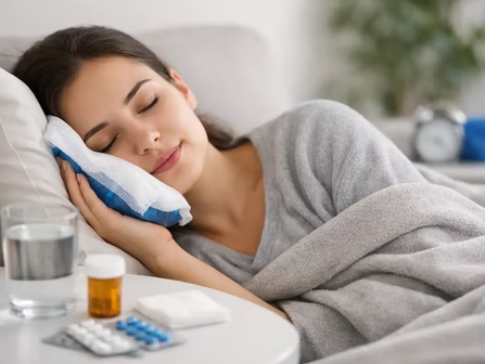 Paciente joven descansando plácidamente en cama con una compresa fría sobre la mejilla para reducir la inflamación postquirúrgica, con medicamentos y gasas en la mesa de noche.