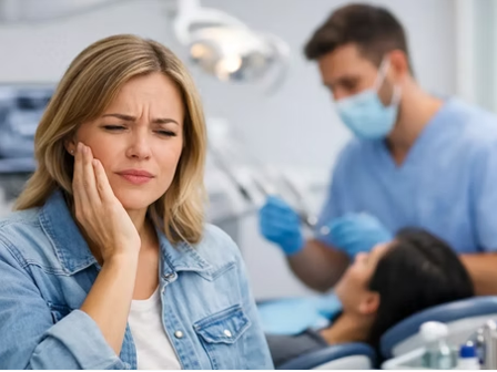 Mujer joven expresando dolor dental agudo en una sala de espera dental, mientras un odontólogo atiende a otro paciente al fondo.