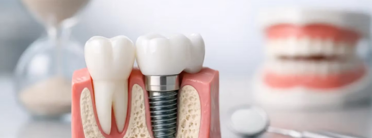 Maqueta anatómica dental de un implante de titanio con su corona y un diente natural de referencia en una clínica dental.