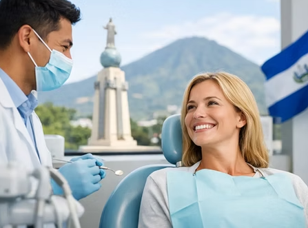 Dentista con mascarilla conversando amablemente con una paciente sonriente en el sillón dental, con un fondo clínico luminoso que muestra elementos alusivos a El Salvador.