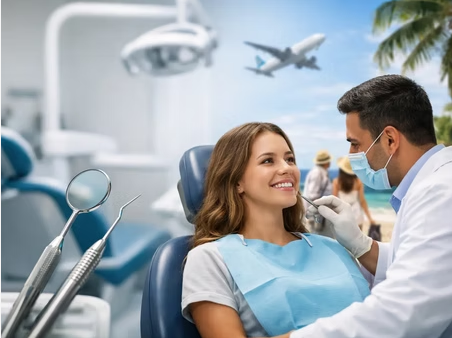 Paciente sonriendo en el sillón dental atendido por un dentista, con elementos superpuestos que evocan instrumentos clínicos y un avión volando sobre un paisaje tropical, ilustrando el concepto de turismo dental.