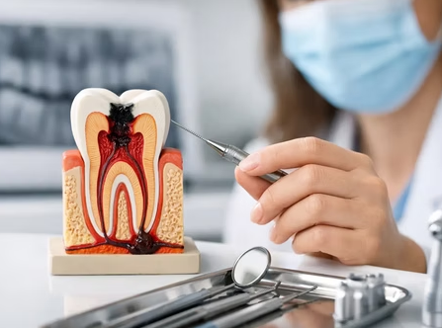 Odontóloga utilizando un instrumento pequeño para señalar las estructuras internas afectadas (pulpa y nervios) en un modelo anatómico de un molar humano en su consulta.