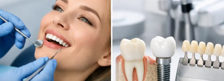 Paciente sonriendo durante una revisión dental junto a modelos protésicos de coronas e implantes dentales.