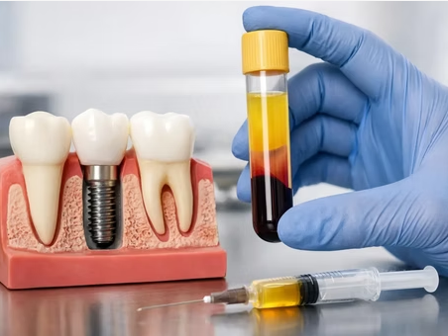 Mano con guante quirúrgico sosteniendo un tubo de ensayo con sangre centrifugada para plasma rico en plaquetas (PRP), junto a un modelo anatómico de un implante dental en el hueso y una jeringa.