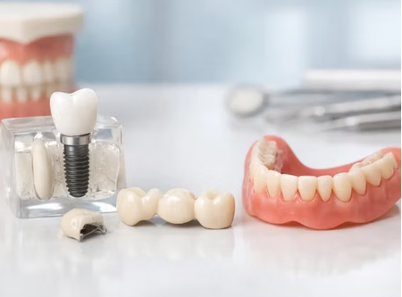 Maquetas dentales profesionales que muestran los tres principales tratamientos de restauración: un implante dental individual con su poste y corona, un puente dental fijo y una prótesis dental removible sobre una superficie blanca clínica.