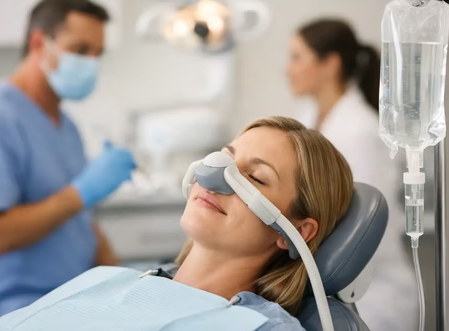 Paciente relajada en el sillón dental con una mascarilla de óxido nitroso y vía intravenosa, recibiendo atención dental en un entorno clínico tranquilo y seguro.