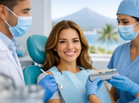 Equipo de odontólogos mostrando una guía de tonos dentales a una paciente sonriente en una clínica dental en El Salvador.