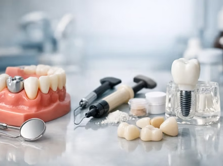 Modelo anatómico dental y herramientas clínicas que muestran diversos biomateriales utilizados en odontología restauradora, como coronas e implantes.