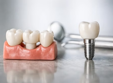 Maqueta dental anatómica que muestra lado a lado un puente dental sobre modelo de encía con dientes pilares y un implante dental individual con su poste de titanio y corona superior, sobre fondo clínico neutro.