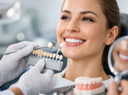 Dentista utilizando una guía de tonos junto a una paciente sonriente en una clínica dental.