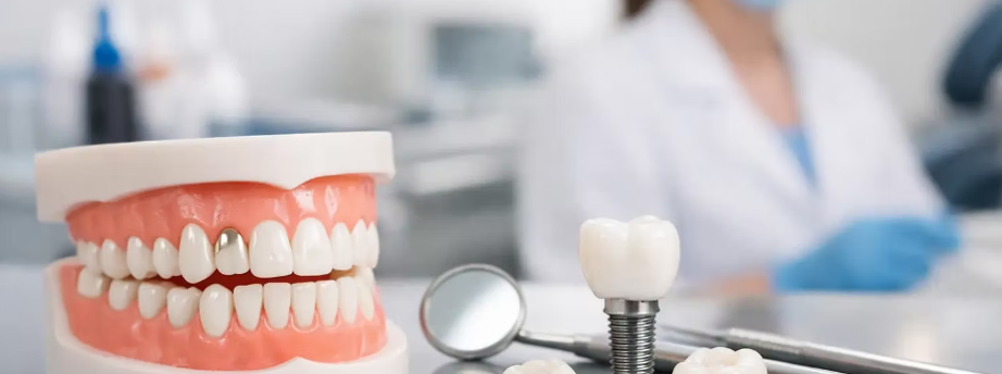 Modelo anatómico de arcada dental y herramientas clínicas que ilustran procedimientos de odontología restauradora, como coronas e implantes.