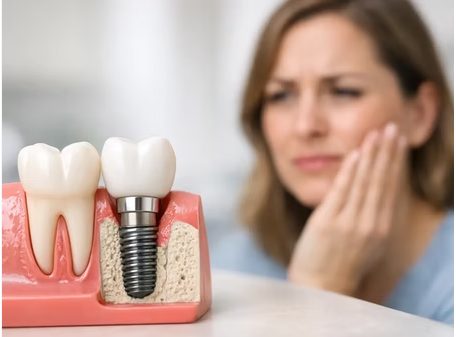 Primer plano de una maqueta anatómica de un implante dental de titanio con su corona sobre modelo óseo y de encía, acompañado al fondo por una mujer con expresión de preocupación tocándose la mejilla debido a molestias dentales.