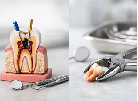 Imagen compuesta que muestra en el lado izquierdo una maqueta anatómica de un molar con instrumentación endodóntica y herramientas de diagnóstico, y en el lado derecho unas pinzas quirúrgicas dentales sosteniendo un diente extraído sobre una bandeja clínica.