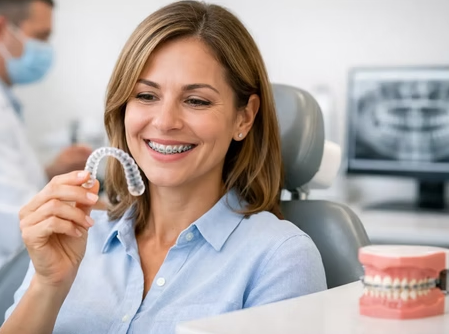 Paciente adulta sonriendo con confianza en el consultorio dental mientras examina un alineador transparente en su mano, con un modelo anatómico de ortodoncia sobre el escritorio.