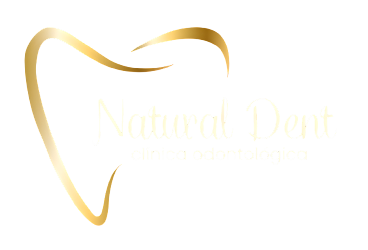 Logotipo oficial de Natural Dent, clínica odontológica, con un isotipo dorado en forma de diente y texto en tonos dorados sobre fondo oscuro.
