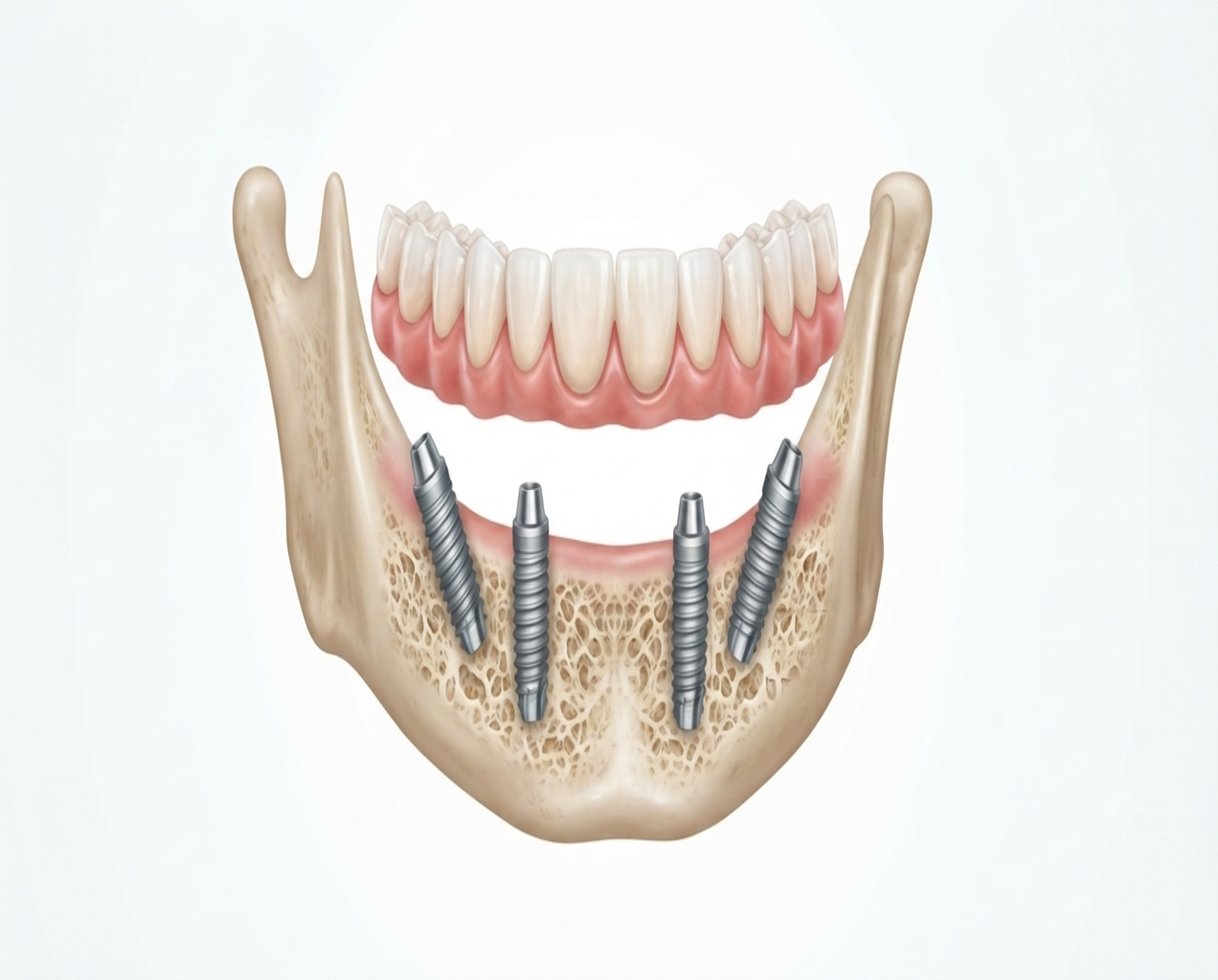 Ilustración médica detallada de una mandíbula inferior que muestra el sistema de rehabilitación fija All-on-4. Se aprecian cuatro implantes dentales de titanio osteointegrados en el hueso maxilar (dos rectos en la zona anterior y dos inclinados en la zona posterior) y, en la parte superior, la prótesis dental completa lista para ser fijada sobre ellos.