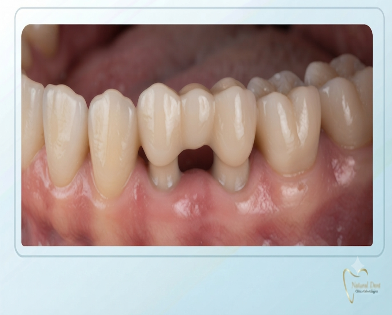 Fotografía clínica de Natural Dent que muestra un puente dental de cerámica de varias piezas, perfectamente ajustado sobre dientes pilares y rellenando el espacio de una pieza ausente, logrando una restauración estética y natural de la encía.