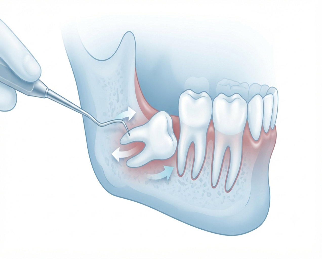 Ilustración clínica de alta resolución para Natural Dent que muestra en corte transversal el resultado tras la extracción de un tercer molar (cordal). Se observa el alveolo vacío en el hueso maxilar, la encía cuidadosamente suturada con hilo azul y el molar adyacente, garantizando una visión.