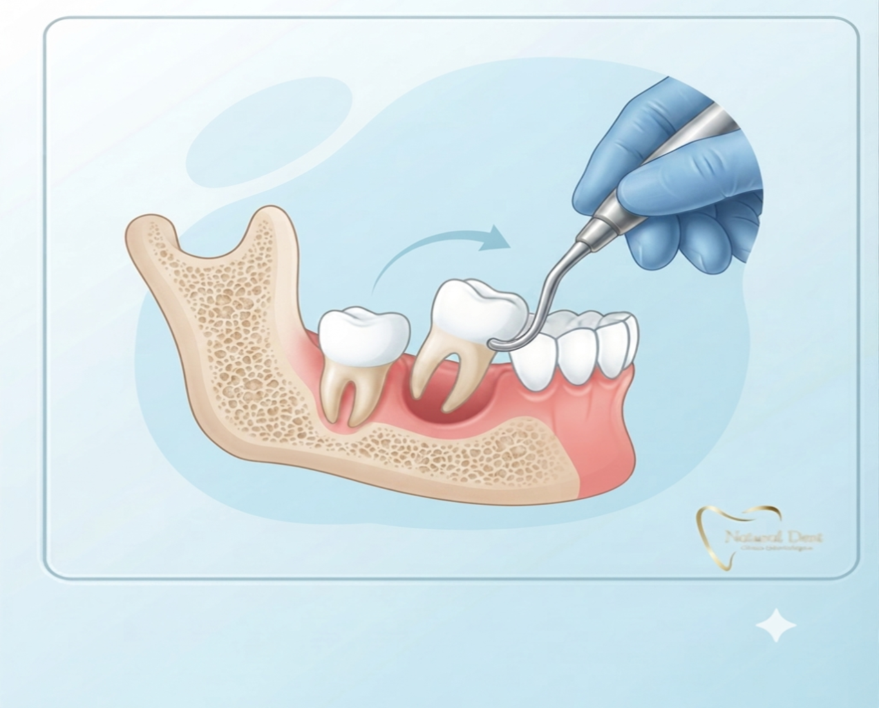 Ilustración médica didáctica para Natural Dent que muestra, de forma profesional y no explícita, el procedimiento de extracción dental con un fórceps guiando suavemente la muela fuera del alvéolo, en un entorno quirúrgico limpio.
