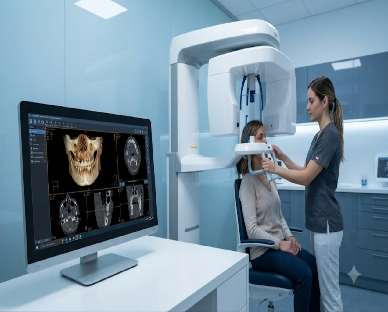 alta resolución del moderno equipo de Tomografía Volumétrica Dental (CBCT/3D Cone Beam) instalado en Natural Dent. La imagen muestra el pórtico del equipo de rayos X y la estación de control con un monitor que despliega una reconstrucción tridimensional de alta precisión del maxilar, listo para la planificación de implantes.
